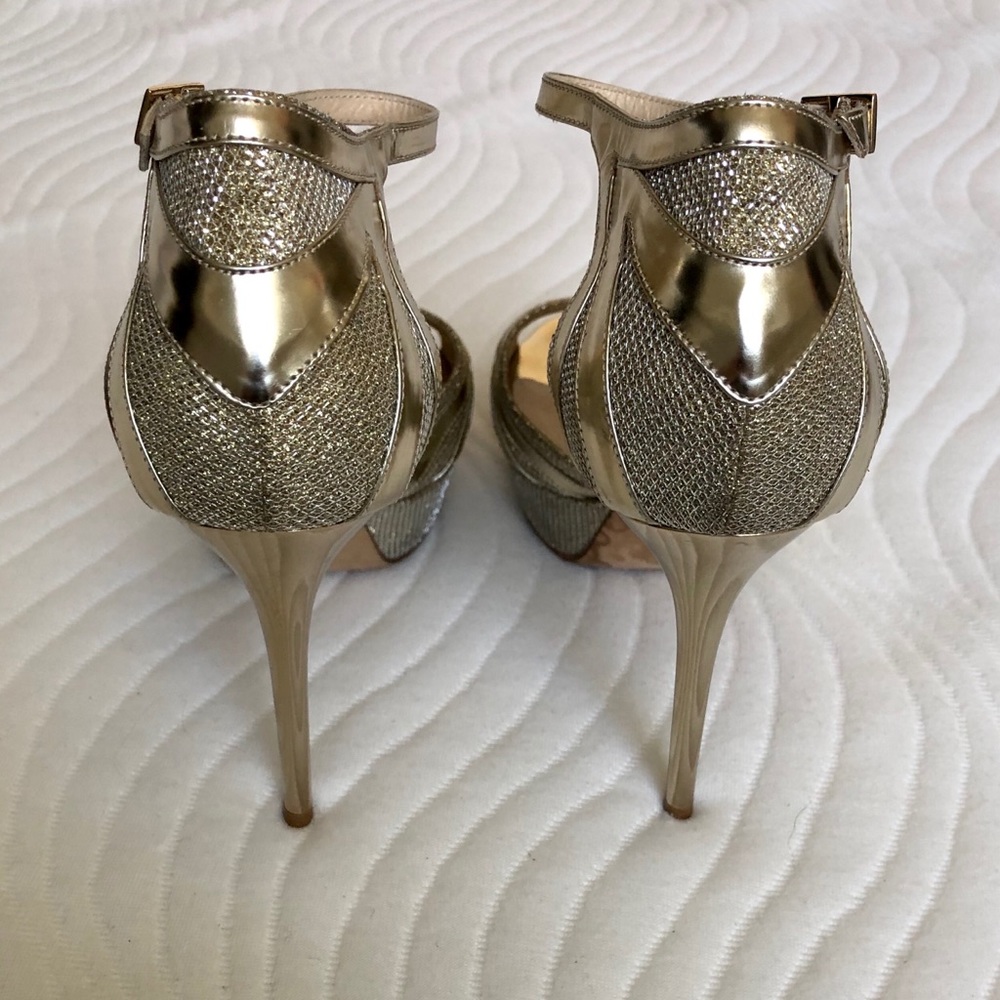 Jimmy Choo Gold Metallic Leather Platform Sandal Heels - Picture 3 of 9